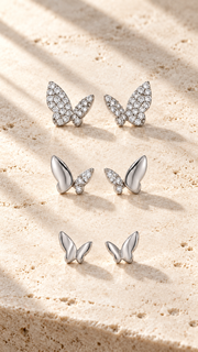 Butterfly, Half Plain Butterfly Stud Earrings Set - Aaryahi Silver jewellery product photo