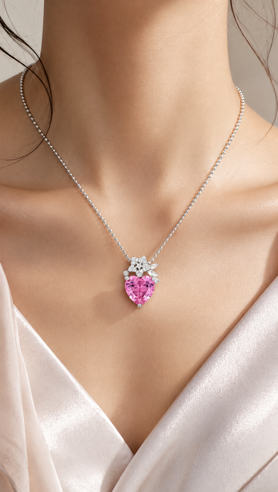 Elegant Silver Pink Heart Floral Pendant Necklace