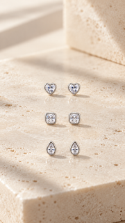 Heart, Square & Teardrop Stud Earrings Set - Aaryahi Silver jewellery product photo