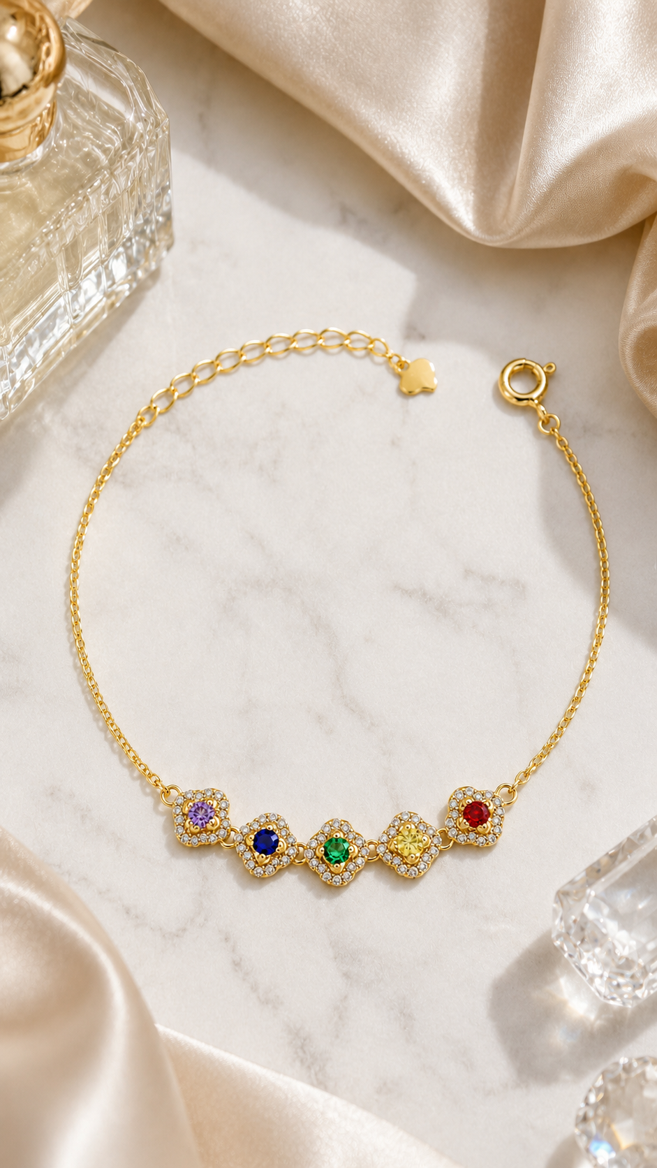 Gold Multicolor Rainbow CZ Halo Station Bracelet