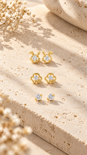 Bunny, Clover & Solitaire Stud Earrings Set - Aaryahi Silver jewellery product photo