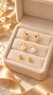 Reindeer, Pearl Antler & Ball Stud Earrings Set - Aaryahi Silver jewellery product photo