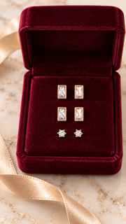 Baguette Round Solitaire Stud Earrings Set - Aaryahi Silver jewellery product photo