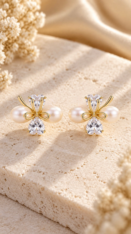 Pearl & Heart Bow Earrings