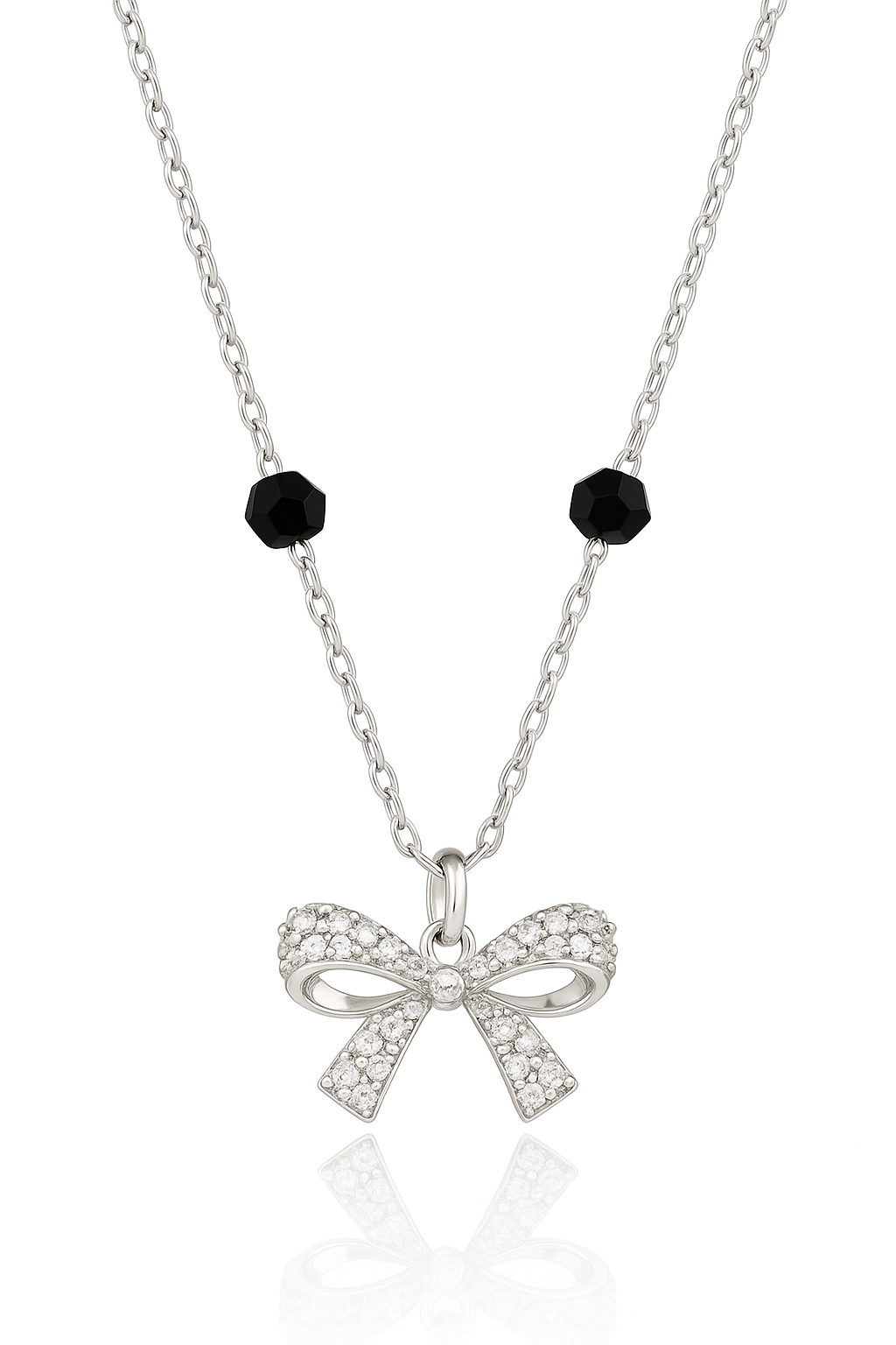 925 Silver Bow Mangalsutra Pendant Necklace for Women – Elegant CZ Crystal Design with Black Beads
