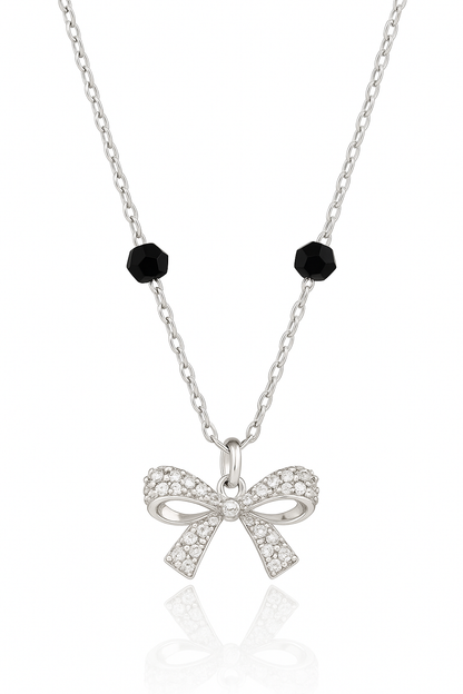925 Silver Bow Mangalsutra Pendant Necklace for Women – Elegant CZ Crystal Design with Black Beads