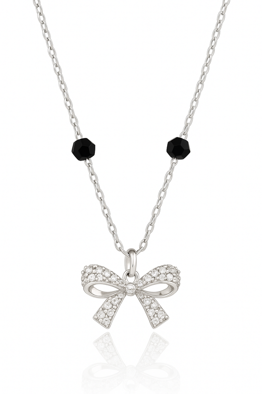 925 Silver Bow Mangalsutra Pendant Necklace for Women – Elegant CZ Crystal Design with Black Beads