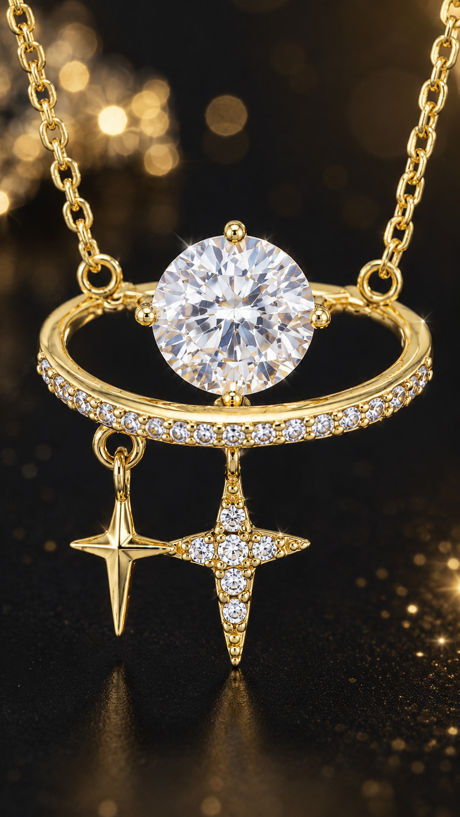 Celestial Planet CZ & Twin Star Gold Pendant Necklace