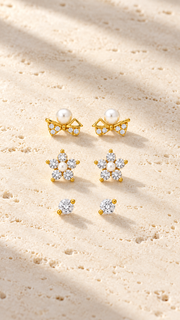 Pearl Bow, Floral Solitaire Earrings Set - Aaryahi Silver jewellery product photo