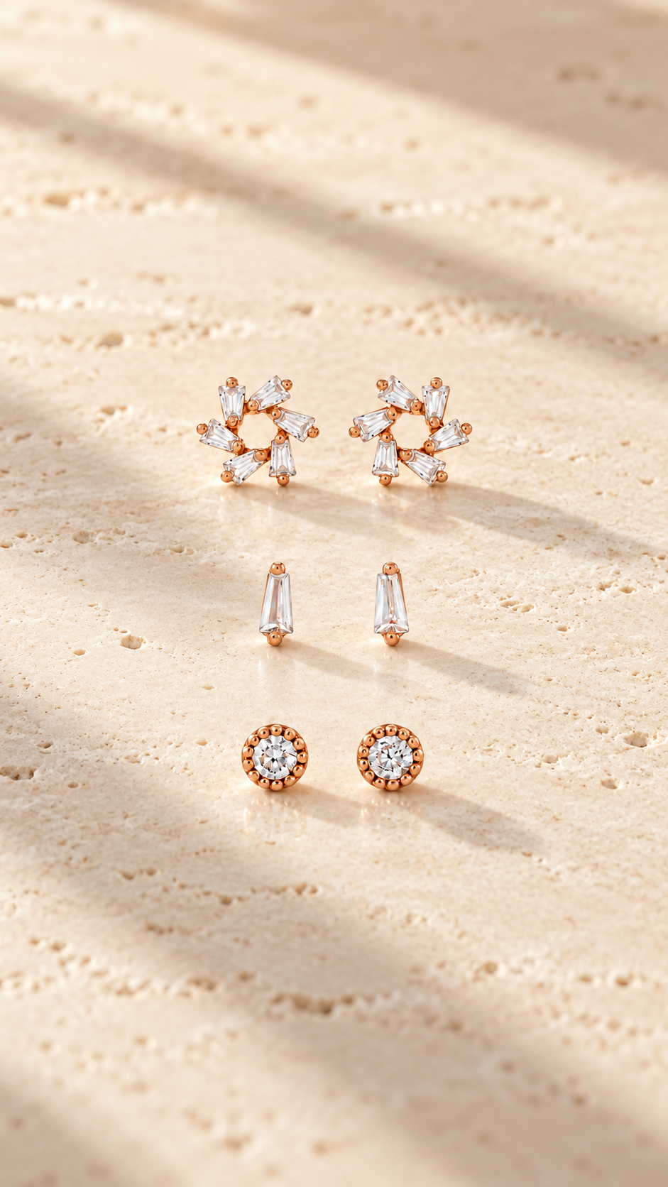 Floral Cluster, Baguette Round Solitaire Earrings Set - Aaryahi Silver jewellery product photo