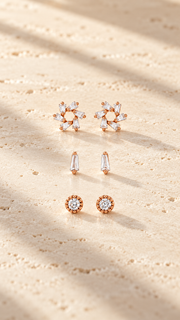 Floral Cluster, Baguette Round Solitaire Earrings Set - Aaryahi Silver jewellery product photo