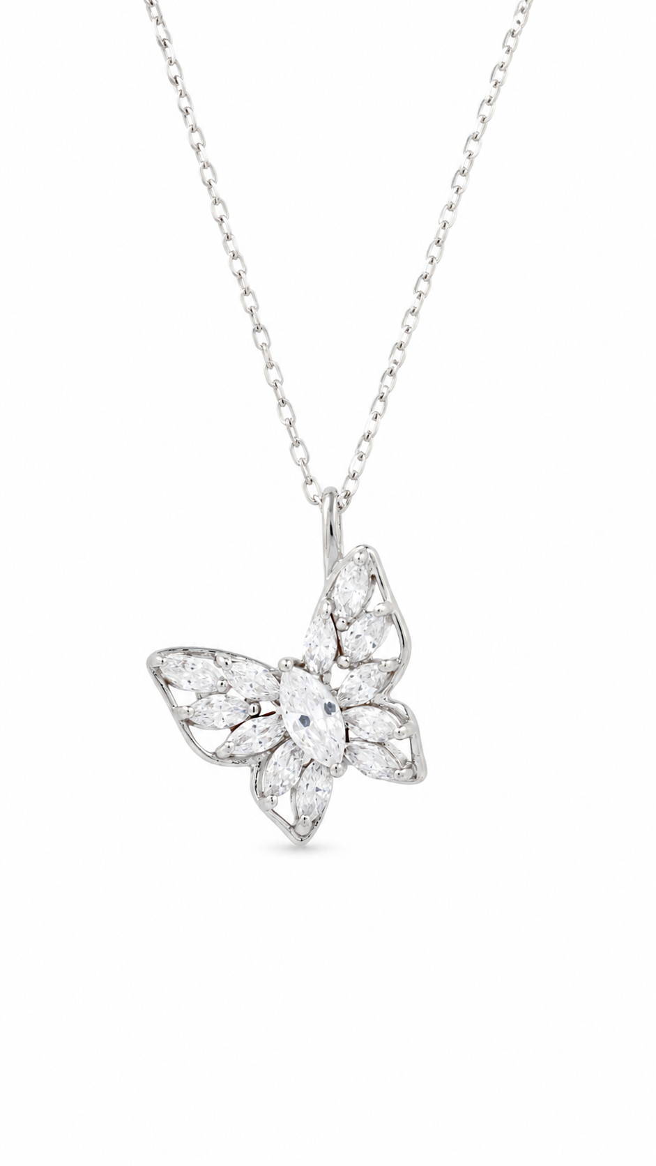 Elegant Silver Butterfly Marquise CZ Pendant Necklace