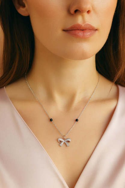 925 Silver Bow Mangalsutra Pendant Necklace for Women – Elegant CZ Crystal Design with Black Beads