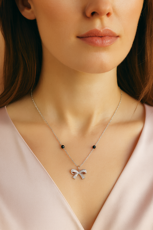 925 Silver Bow Mangalsutra Pendant Necklace for Women – Elegant CZ Crystal Design with Black Beads