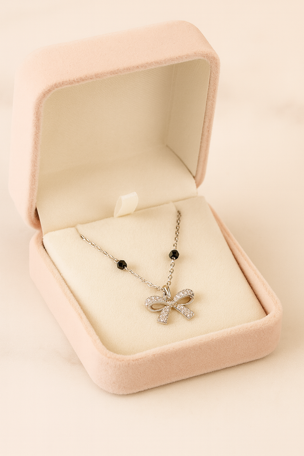 925 Silver Bow Mangalsutra Pendant Necklace for Women – Elegant CZ Crystal Design with Black Beads