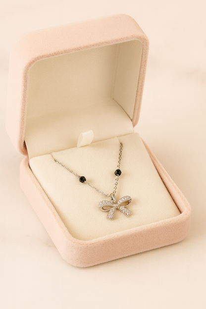 925 Silver Bow Mangalsutra Pendant Necklace for Women – Elegant CZ Crystal Design with Black Beads