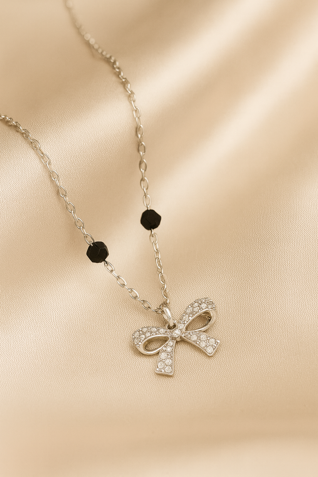 925 Silver Bow Mangalsutra Pendant Necklace for Women – Elegant CZ Crystal Design with Black Beads