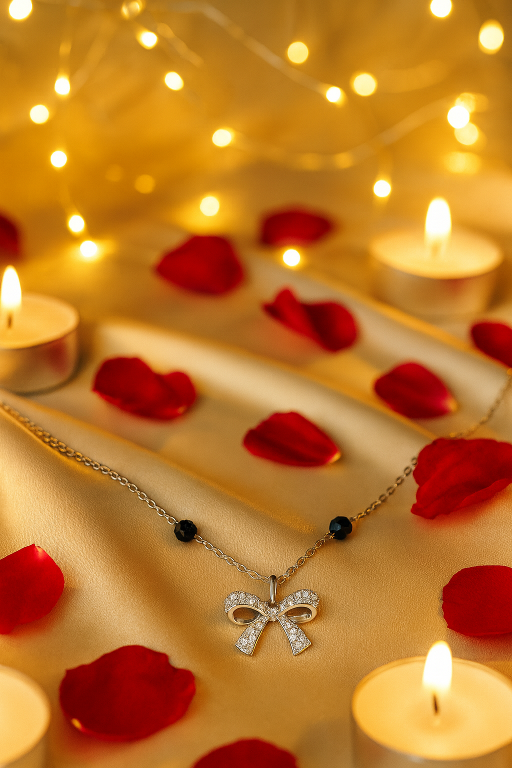 925 Silver Bow Mangalsutra Pendant Necklace for Women – Elegant CZ Crystal Design with Black Beads