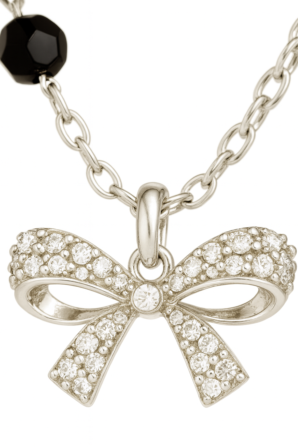 925 Silver Bow Mangalsutra Pendant Necklace for Women – Elegant CZ Crystal Design with Black Beads