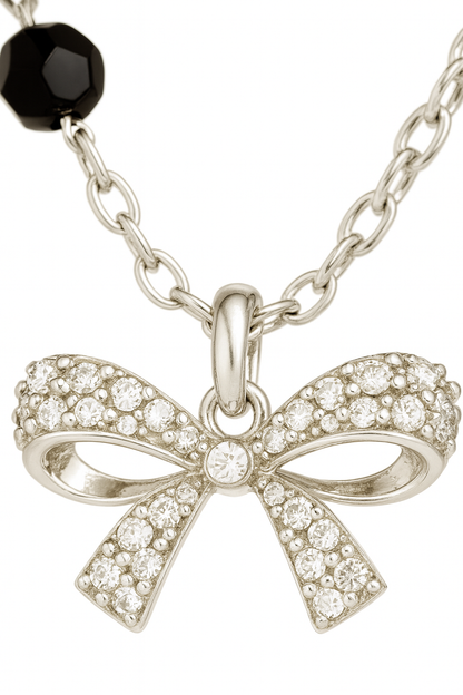 925 Silver Bow Mangalsutra Pendant Necklace for Women – Elegant CZ Crystal Design with Black Beads