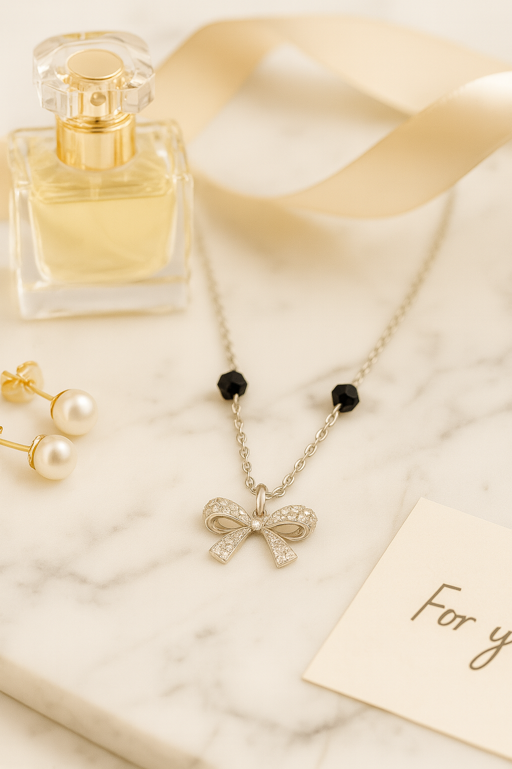 925 Silver Bow Mangalsutra Pendant Necklace for Women – Elegant CZ Crystal Design with Black Beads