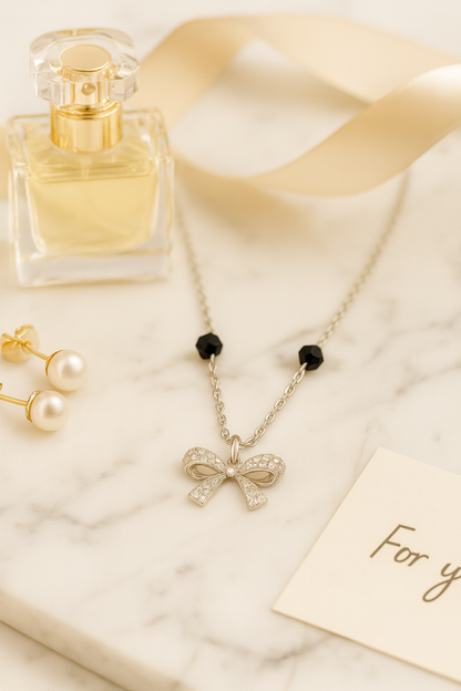 925 Silver Bow Mangalsutra Pendant Necklace for Women – Elegant CZ Crystal Design with Black Beads