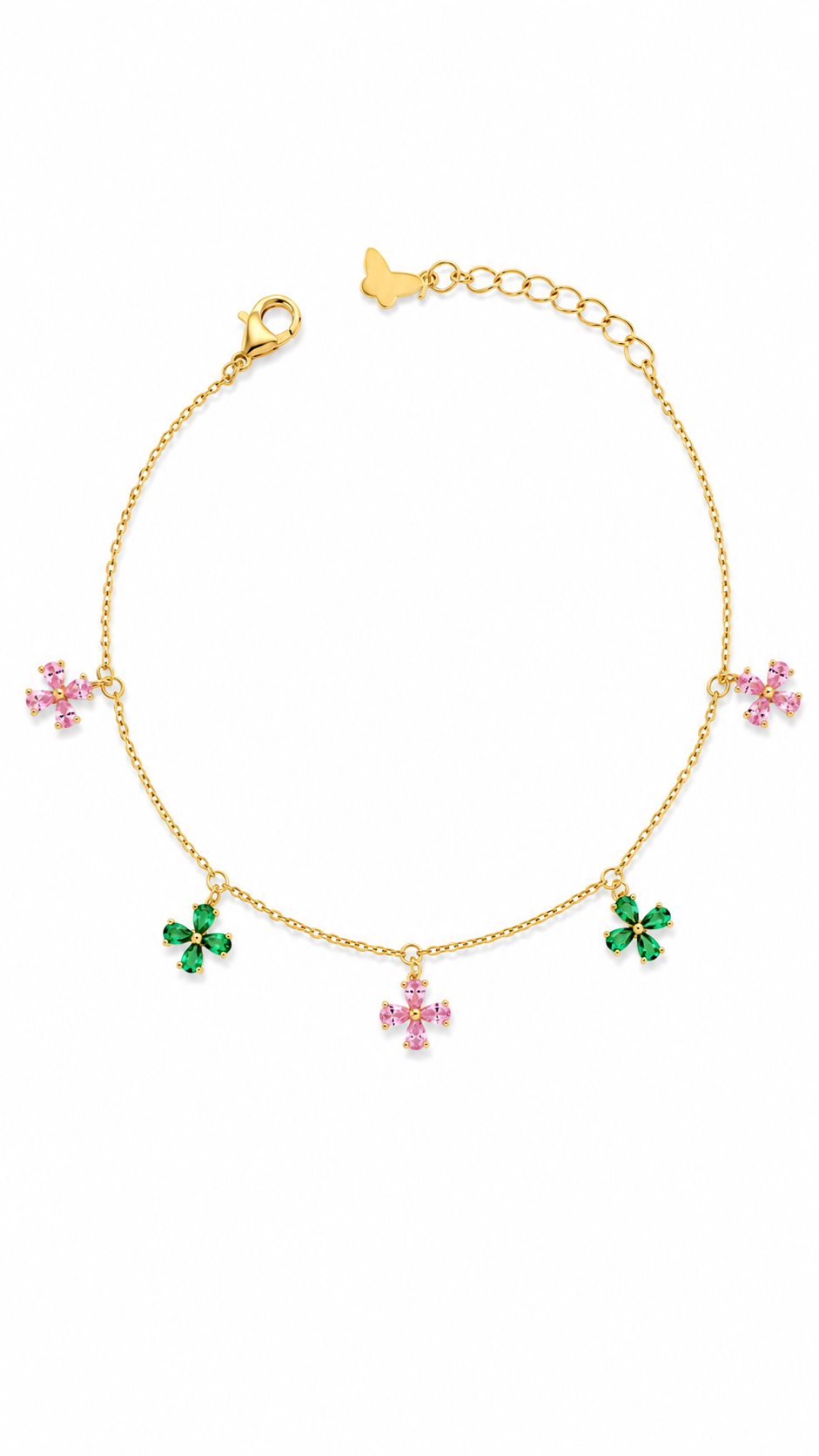 Gold-Plated Pink & Green CZ Floral Charm Bracelet