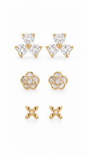 Clover,Flower & Four Petal Floral Earrings Set - Aaryahi Silver jewellery product photo