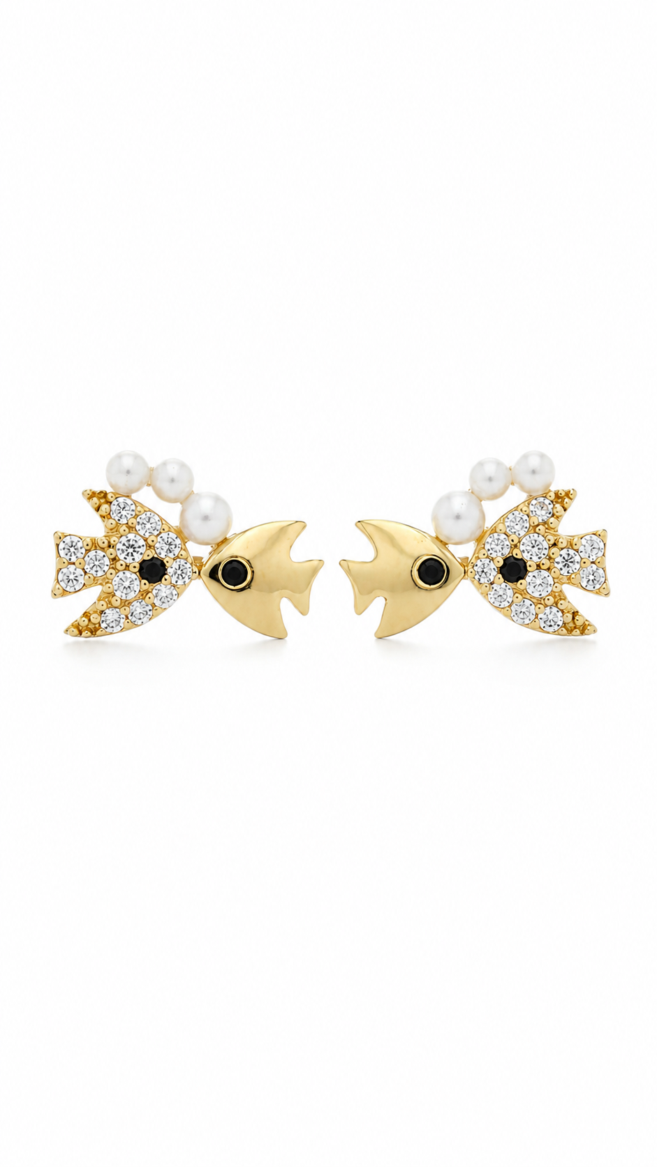 Elegant Gold-Plated Double Fish CZ & Pearl Stud Earrings for Women