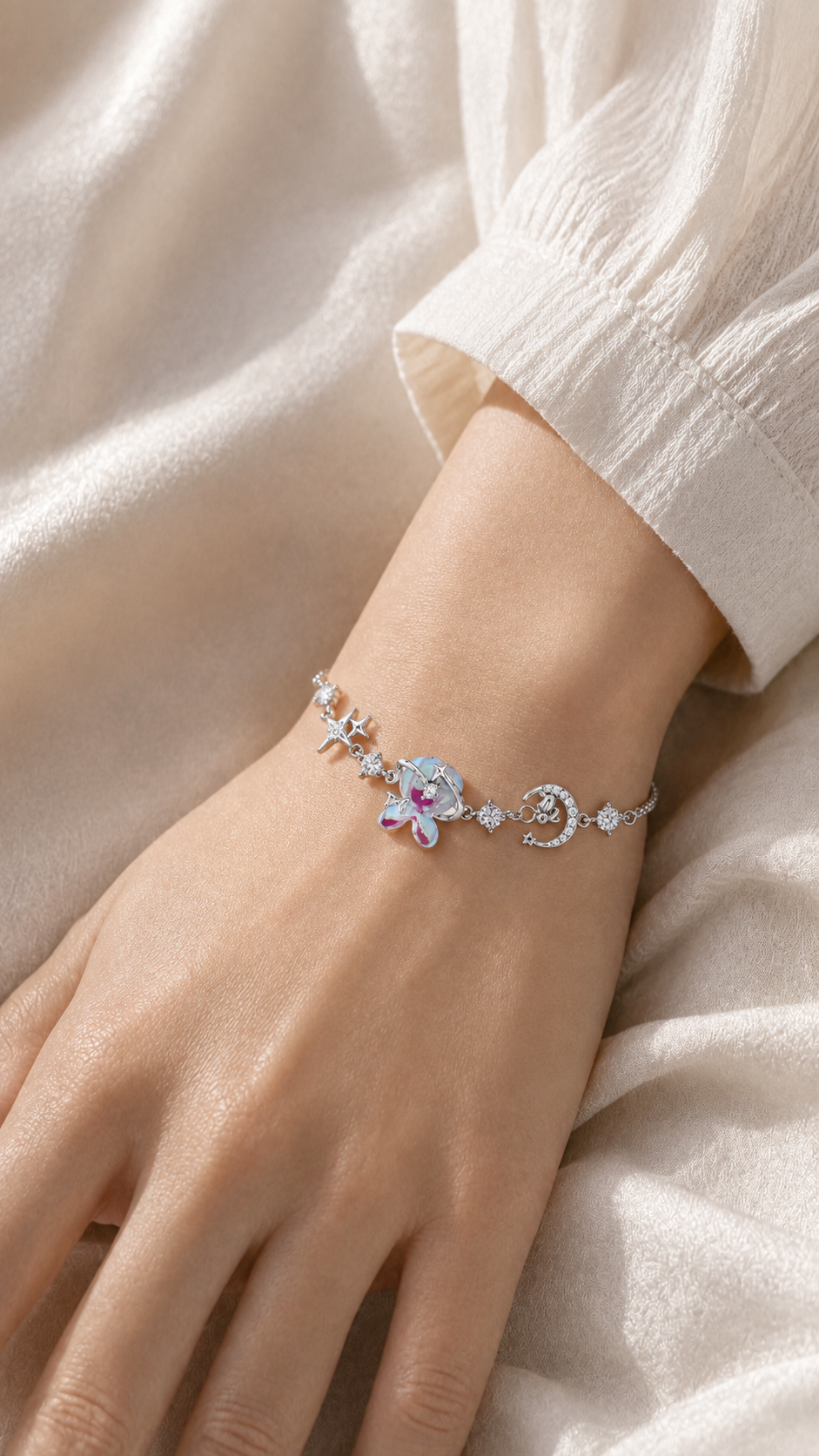 Silver Celestial Butterfly Moon & Star CZ Charm Bracelet