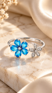 Silver Blue CZ Double Flower Adjustable Ring