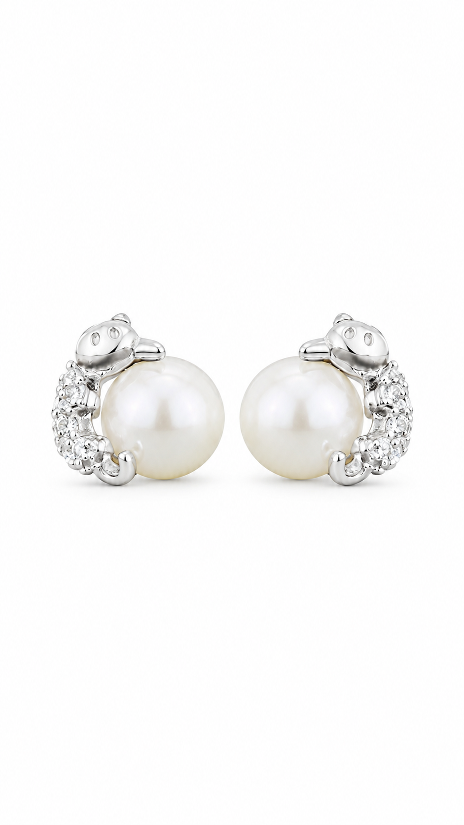 Silver Pearl & CZ Cat Stud Earrings for Women