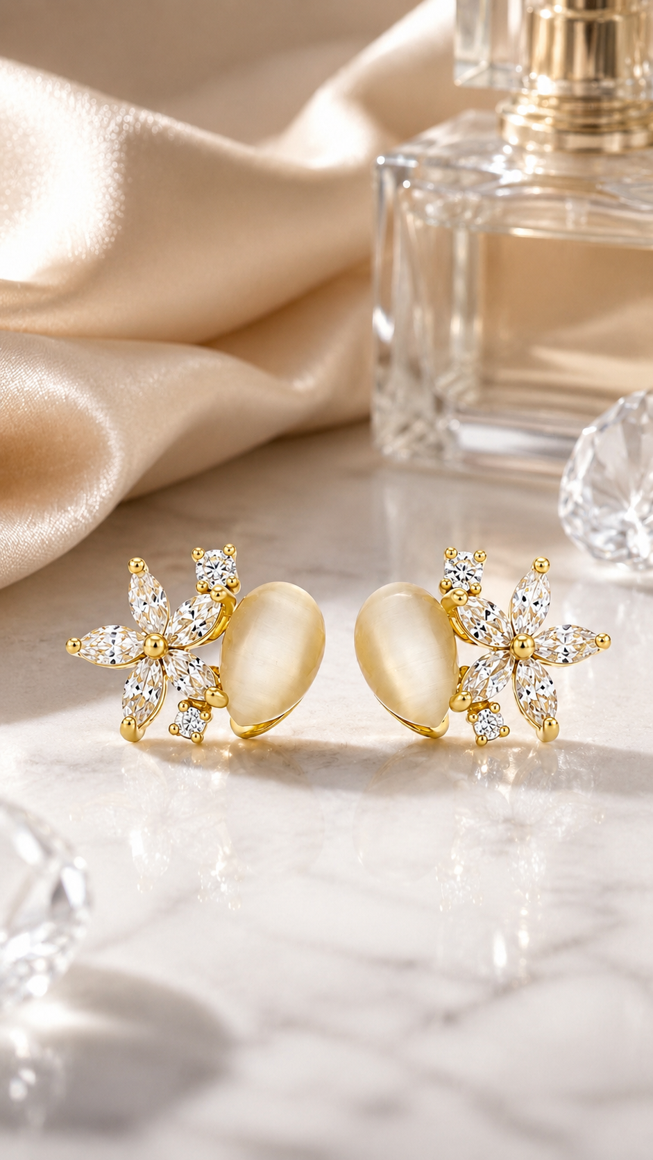 Gold Floral CZ & Champagne Cat’s Eye Stud Earrings for Women
