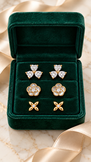Clover,Flower & Four Petal Floral Earrings Set - Aaryahi Silver jewellery product photo
