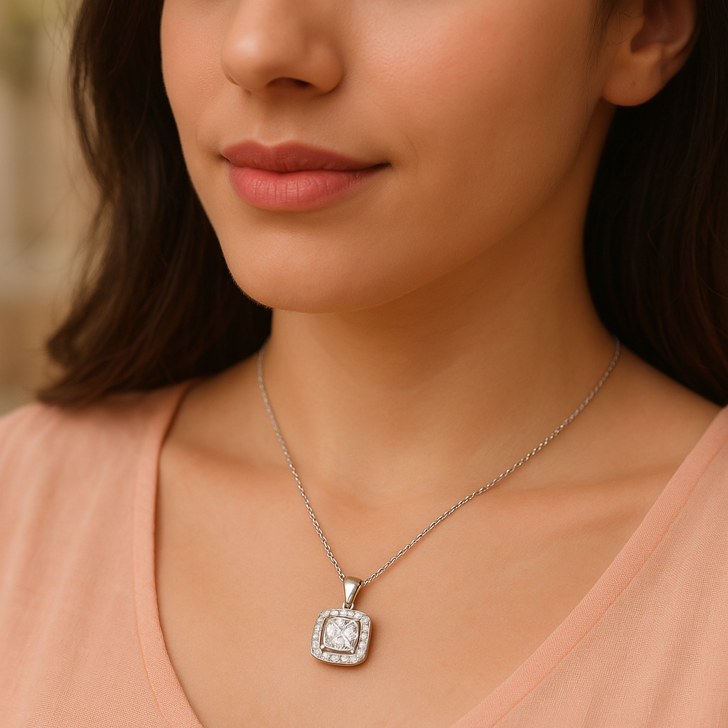 925 Silver Princess Square Halo Pendant Necklace for Women – Sparkling CZ Diamond Shine
