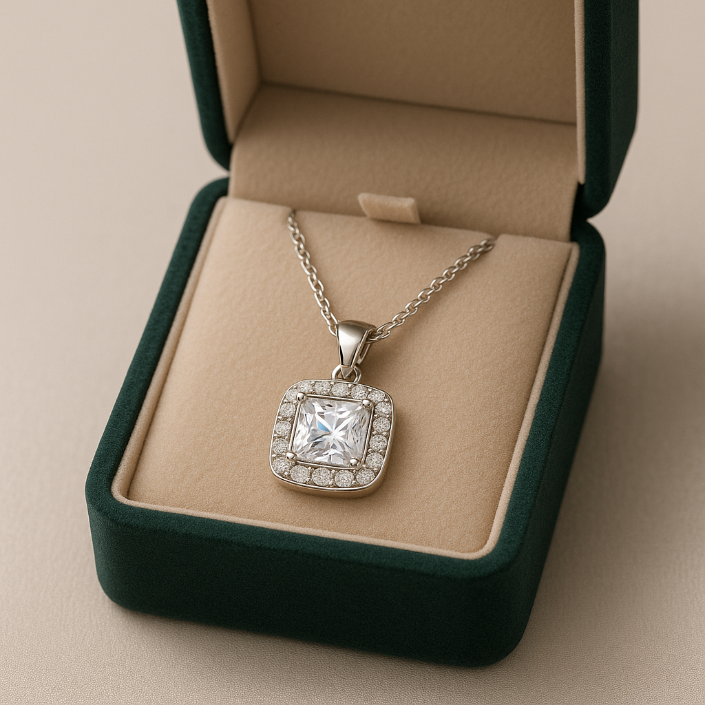925 Silver Princess Square Halo Pendant Necklace for Women – Sparkling CZ Diamond Shine