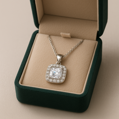 925 Silver Princess Square Halo Pendant Necklace for Women – Sparkling CZ Diamond Shine