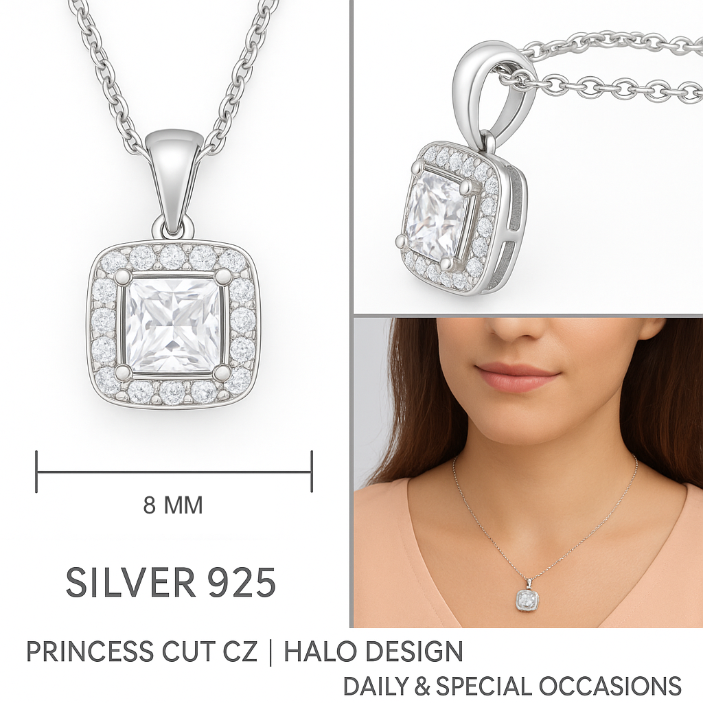 925 Silver Princess Square Halo Pendant Necklace for Women – Sparkling CZ Diamond Shine