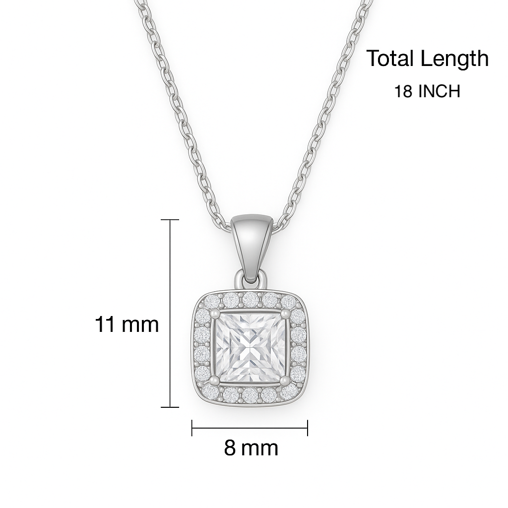 925 Silver Princess Square Halo Pendant Necklace for Women – Sparkling CZ Diamond Shine