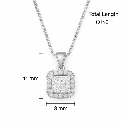 925 Silver Princess Square Halo Pendant Necklace for Women – Sparkling CZ Diamond Shine