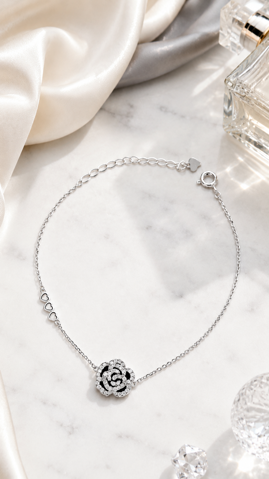 Silver Black Rose CZ Charm Bracelet