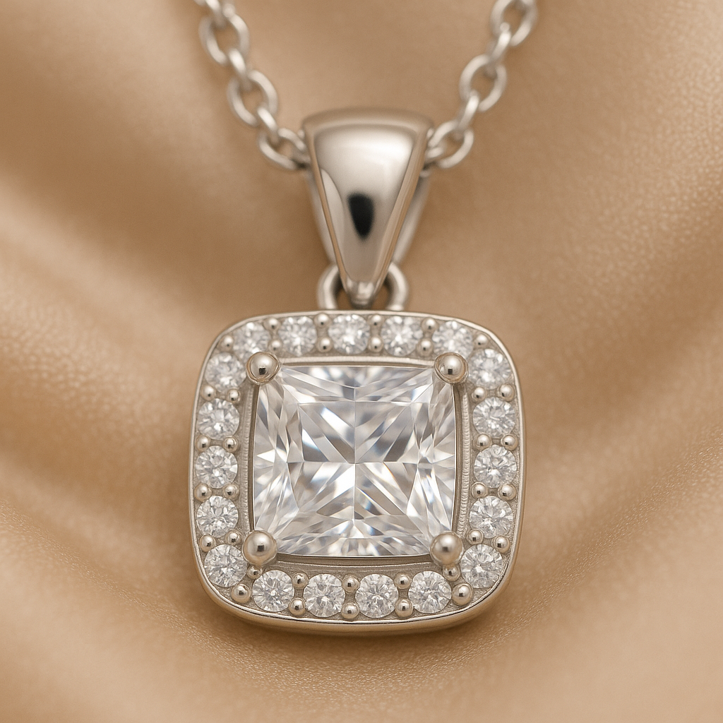 925 Silver Princess Square Halo Pendant Necklace for Women – Sparkling CZ Diamond Shine