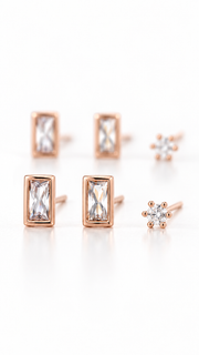 Baguette Round Solitaire Stud Earrings Set - Aaryahi Silver jewellery product photo