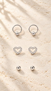 Beaded Hoop, CZ Open Heart & Ball Stud Earrings Set - Aaryahi Silver jewellery product photo