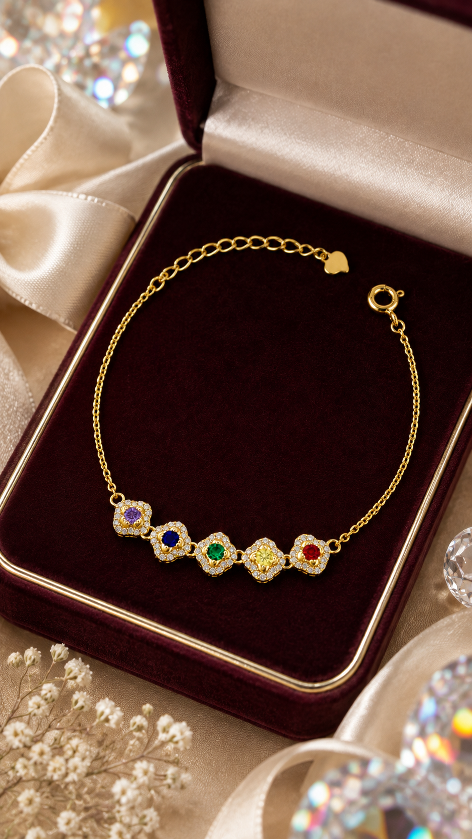 Gold Multicolor Rainbow CZ Halo Station Bracelet