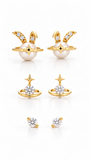 Bunny Pearl Planet, Star Solitaire Earrings Set - Aaryahi Silver jewellery product photo