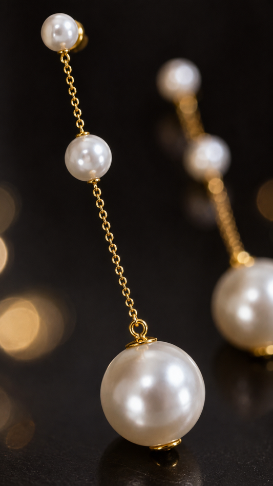 Triple Pearl Long Chain Earrings
