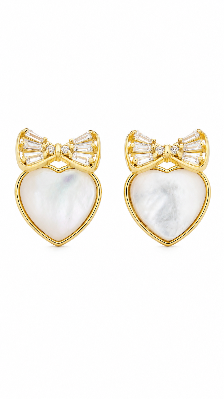 Elegant Gold Mother of Pearl Heart Bow Stud Earrings