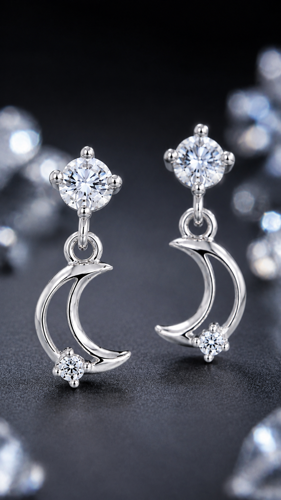 Silver Crescent Moon CZ Drop Earrings