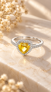 Silver Yellow Heart CZ Halo Ring